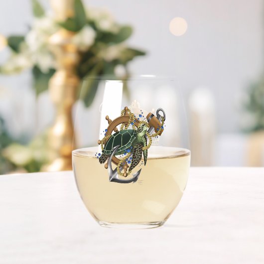 Nautical Sea Turtle Anchor Ship Wheel Blue ステムなしワイングラス (インサイチュ (ウェディング))