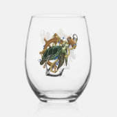Nautical Sea Turtle Anchor Ship Wheel Blue ステムなしワイングラス (正面)