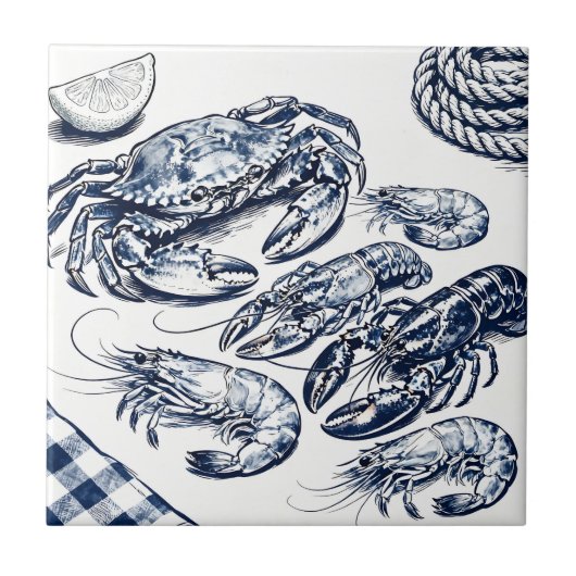 Nautical Seafood Lobster Crab Sketch タイル (正面)