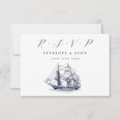 Nautical Ship Illustration Destination Wedding 出欠カード (正面)