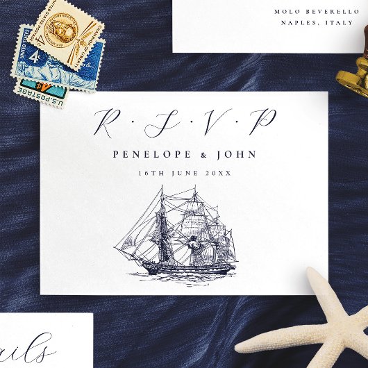 Nautical Ship Illustration Destination Wedding 出欠カード