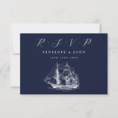 Nautical Ship Navy Blue Destination Wedding 出欠カード (正面)
