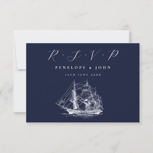 Nautical Ship Navy Blue Destination Wedding 出欠カード (正面)