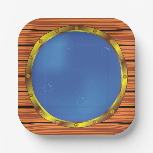 Nautical Ship Porthole Window with Blue Water ペーパープレート (正面)