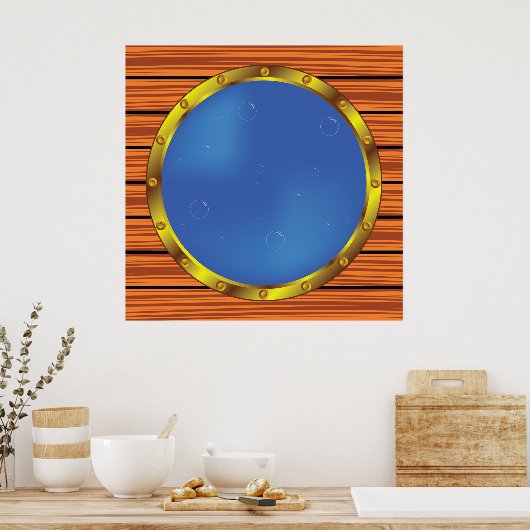 Nautical Ship Porthole Window with Blue Water ポスター (キッチン)