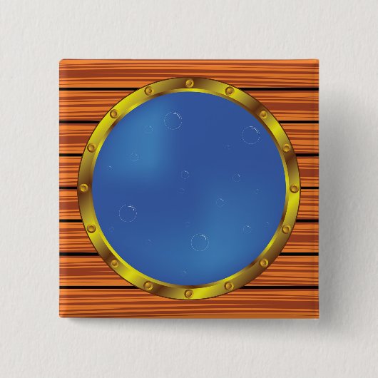 Nautical Ship Porthole Window with Blue Water 缶バッジ (正面)