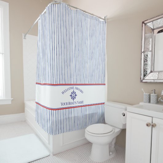 Nautical Stripe Monogram Boat Name Shower Curtain シャワーカーテン (インサイチュ)