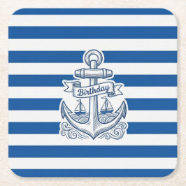 Nautical Striped Anchor Birthday スクエアペーパーコースター
