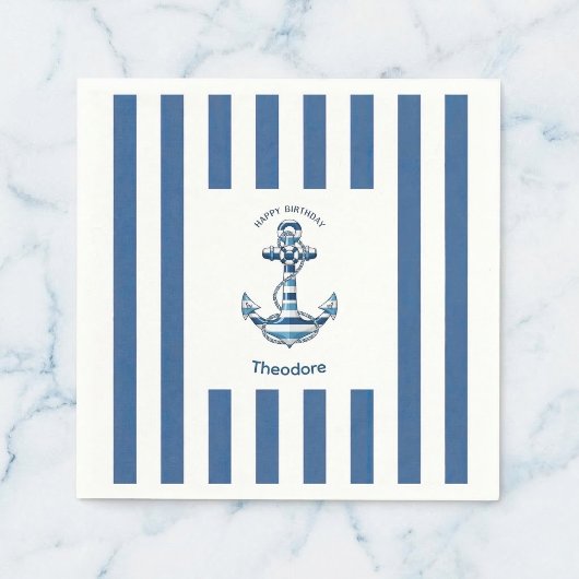 Nautical Striped Anchor Birthday スタンダードカクテルナプキン
