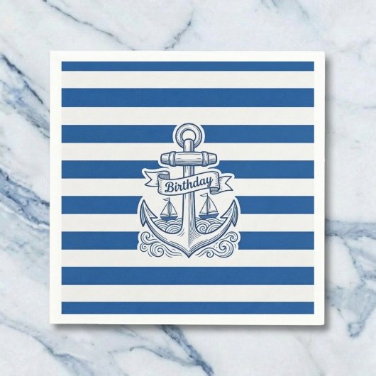 Nautical Striped Anchor Birthday スタンダードカクテルナプキン