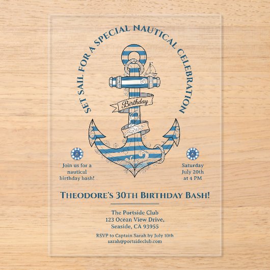 Nautical Striped Anchor Birthday Party アクリル招待状 (正面)