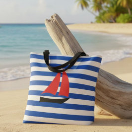 nautical striped tote bag, tote bag with sailboat  トートバッグ