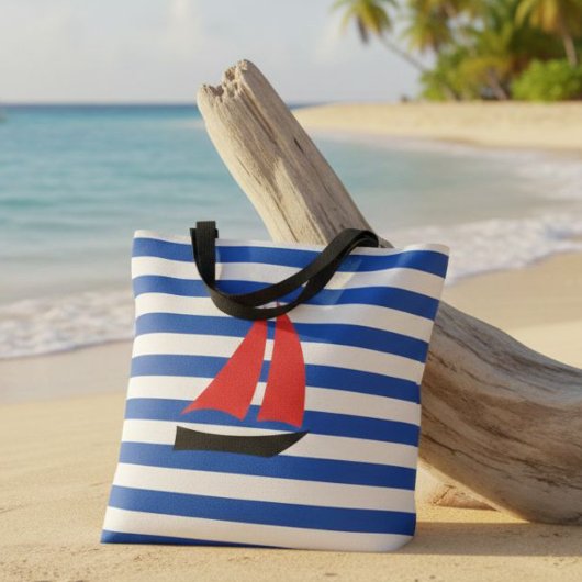 nautical striped tote bag, tote bag with sailboat トートバッグ