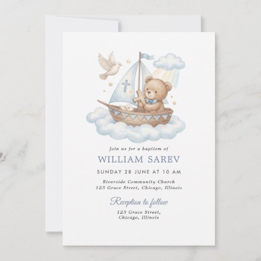 Nautical Teddy Bear Christening Blue Invitation 招待状 (正面)