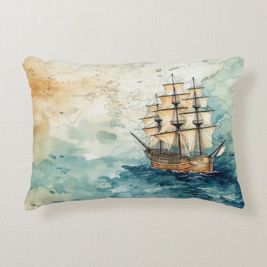 Nautical Themed Vintage Sailboat Old Map アクセントクッション (正面)