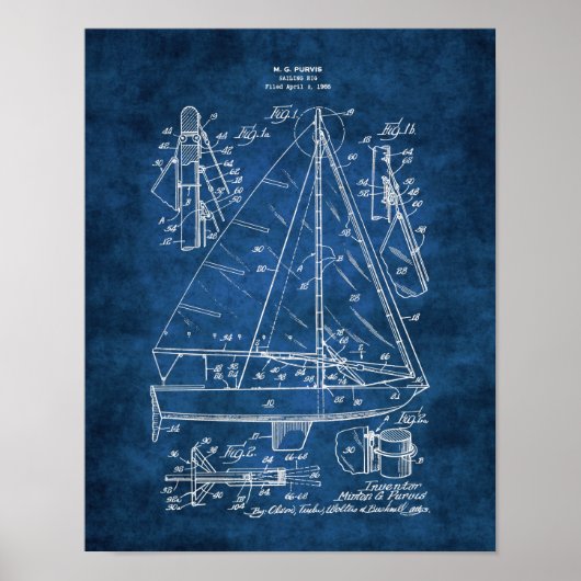 Nautical Wall Decor Sailboat Blueprint #3 ポスター (正面)