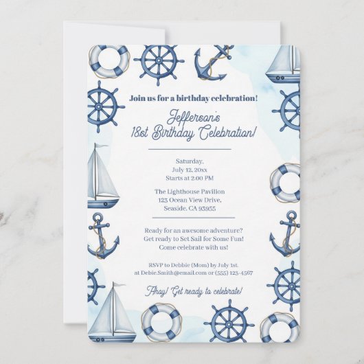 Nautical Watercolor Anchor Wheel Border 招待状 (正面)