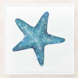 Nautical Watercolor Blue Starfish ガラスコースター