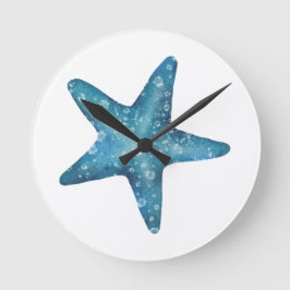 Nautical Watercolor Blue Starfish ラウンド壁時計