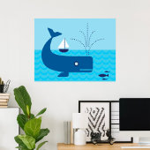 Nautical Whale and Sailboat Ocean Blue Sea ポスター