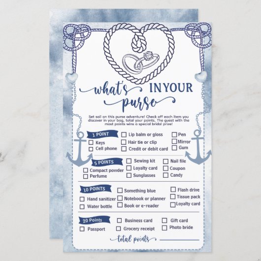 Nautical What in Your Purse Game Bridal Shower (正面/裏面)
