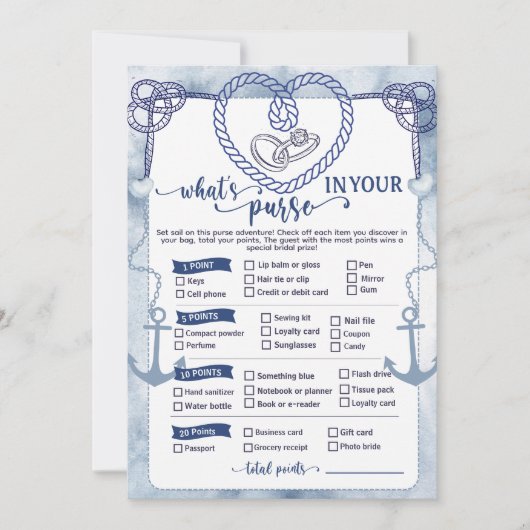 Nautical What in Your Purse Game Bridal Shower 招待状 (正面)