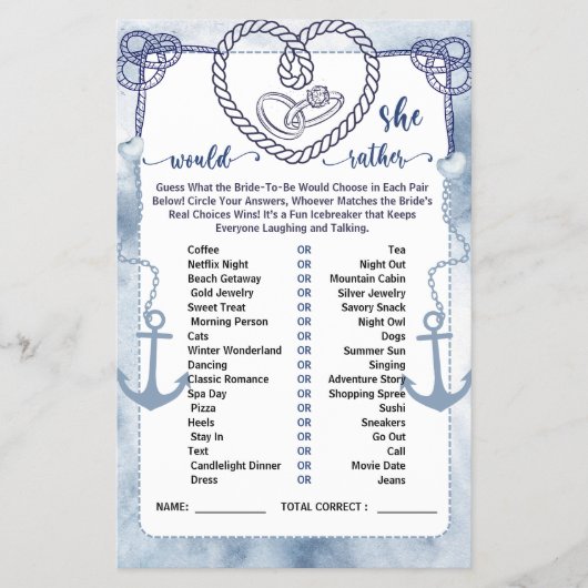 Nautical Would She Rather Game Bridal Shower card チラシ (正面)