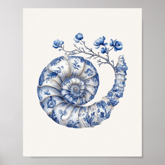 Nautilus Shell - Coastal Blue on Beige Wall Art ポスター (正面)