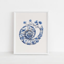 Nautilus Shell - Coastal Blue on Beige Wall Art ポスター