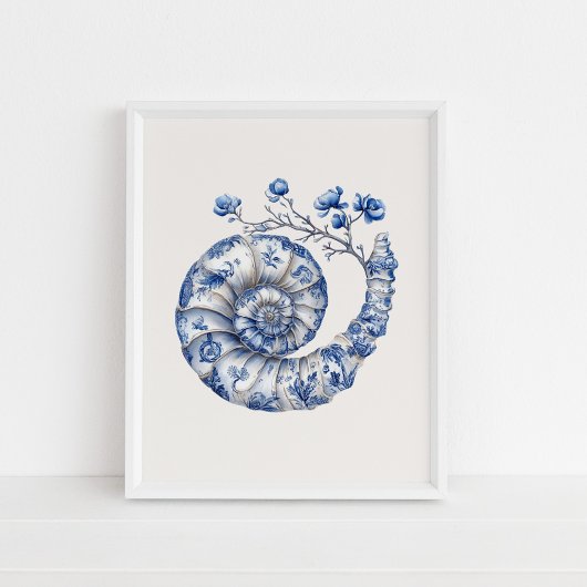 Nautilus Shell - Coastal Blue on Beige Wall Art ポスター