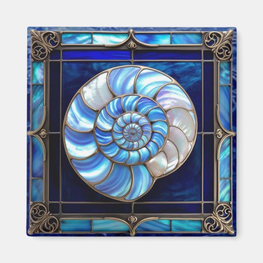 Nautilus Shell in Blue Stained-Glass Look マグネット (正面)