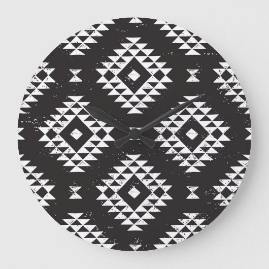Navajo Geometric:白黒Tribal. ラージ壁時計 (正面)