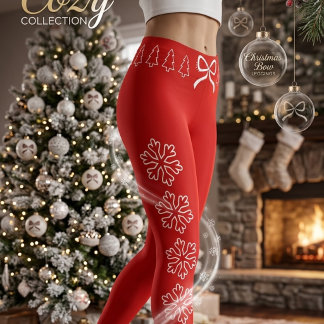 Navideños Rojos con Lazo, Copos de Nieve y arboles レギンス
