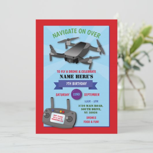 Navigate Drone Birthday Party Fly over Red Blue 招待状 (スタンド正面)