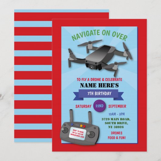 Navigate Drone Birthday Party Fly over Red Blue 招待状 (正面/裏面)