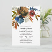 NavyとRust Waterカラーの花結婚の色 招待状 (スタンド正面)