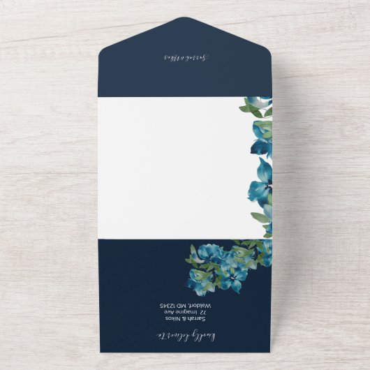 Navyのほこりっぽい青い水彩花 オールインワン招待状 (外側)