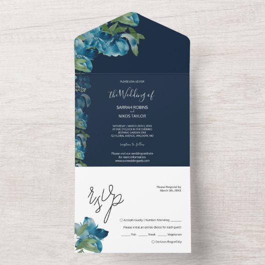 Navyのほこりっぽい青い水彩花 オールインワン招待状 (内側)