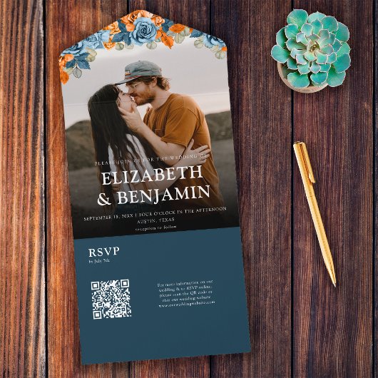 Navyエレガント And Rust QRコードRSVP結婚's オールインワン招待状