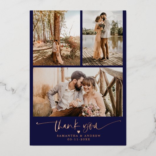 Navyスクリプトハート6枚結婚の写真 箔招待状 (正面)