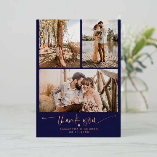 Navyスクリプトハート6枚結婚の写真 箔招待状 (立ち正面)