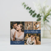 Navy エレガント 4 Photo Collage's 結婚 Thank You ポストカード (スタンド正面)