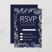 Navy エレガント BlueおよびWhiteフローラRSVPカード 出欠カード (正面/裏面)