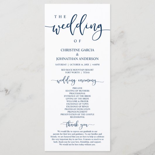 Navy エレガント Blue Script、私たちの式結婚 プログラム (正面)