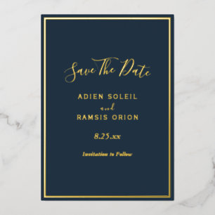 Navy エレガント Gold Foil Save The Date Card 箔招待状