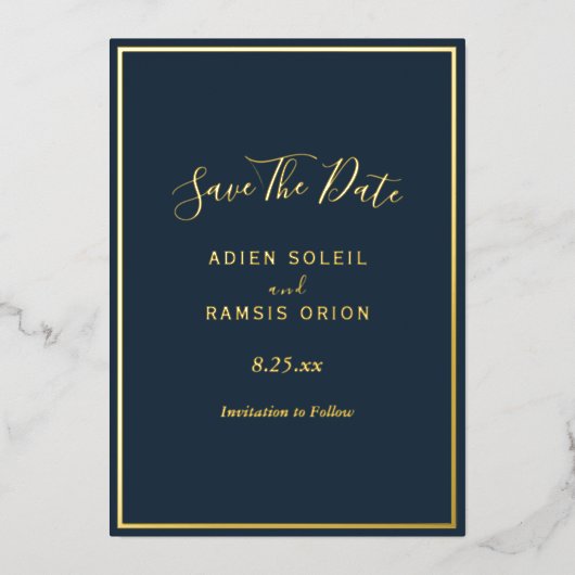 Navy エレガント Gold Foil Save The Date Card 箔招待状 (正面)