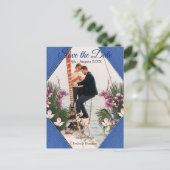 Navy – ブルーテクスチャ&ピンクの花の日付を保存 案内ポストカード (スタンド正面)