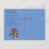 Navy – ブルーテクスチャ&ピンクの花の日付を保存 案内ポストカード (裏面)