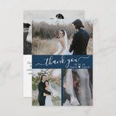 Navy モダン 3 Photo Collage's 結婚 Thank You サンキューカード (正面/裏面)