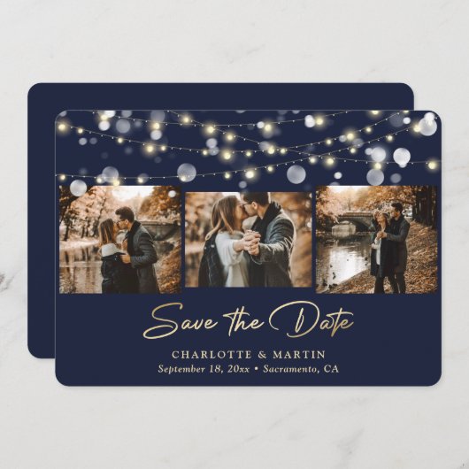 Navy モダン Blue金ゴールドの結婚写真が日付を保存 セーブザデート (正面/裏面)